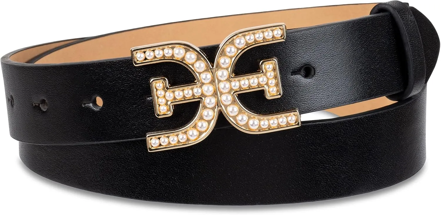 Sam Edelman Women's Imitation Pearl Embellished Double-E Logo Plaque Buckle Leather Belt for Jeans, Dresses and Trousers