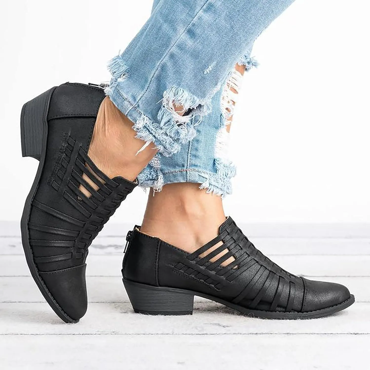 Sandals Women's Crossborder Trade Large Size European and American Low Heel Shoes Thick Heel Zipper Sandals (Black, 7.5)