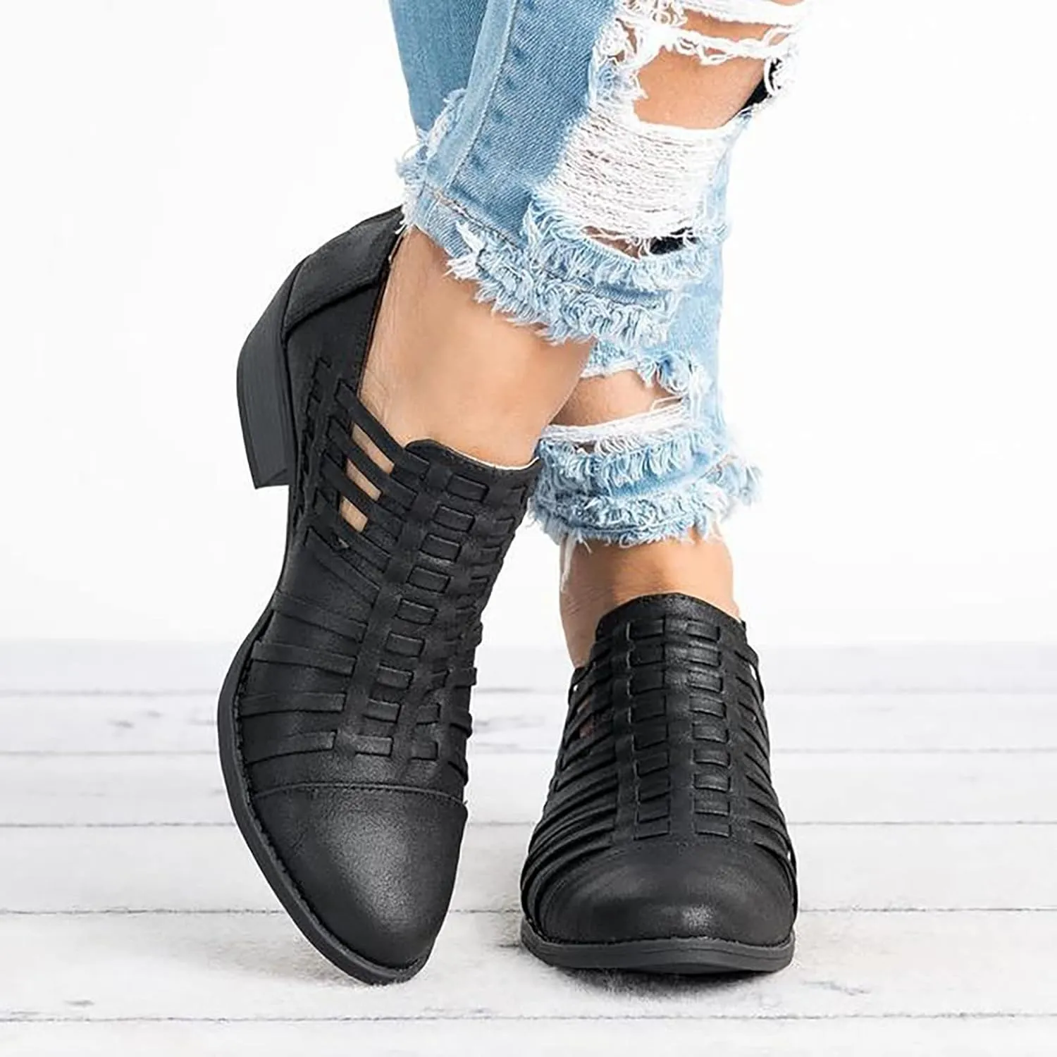 Sandals Women's Crossborder Trade Large Size European and American Low Heel Shoes Thick Heel Zipper Sandals (Black, 7.5)