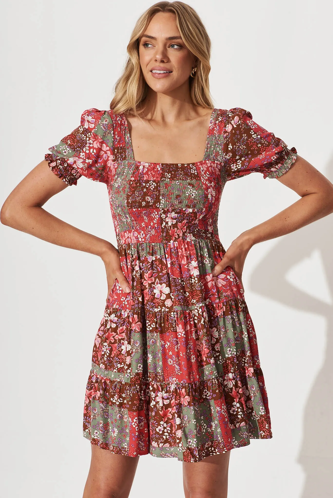 Sevilla Dress In Red Multi Patchwork Floral
