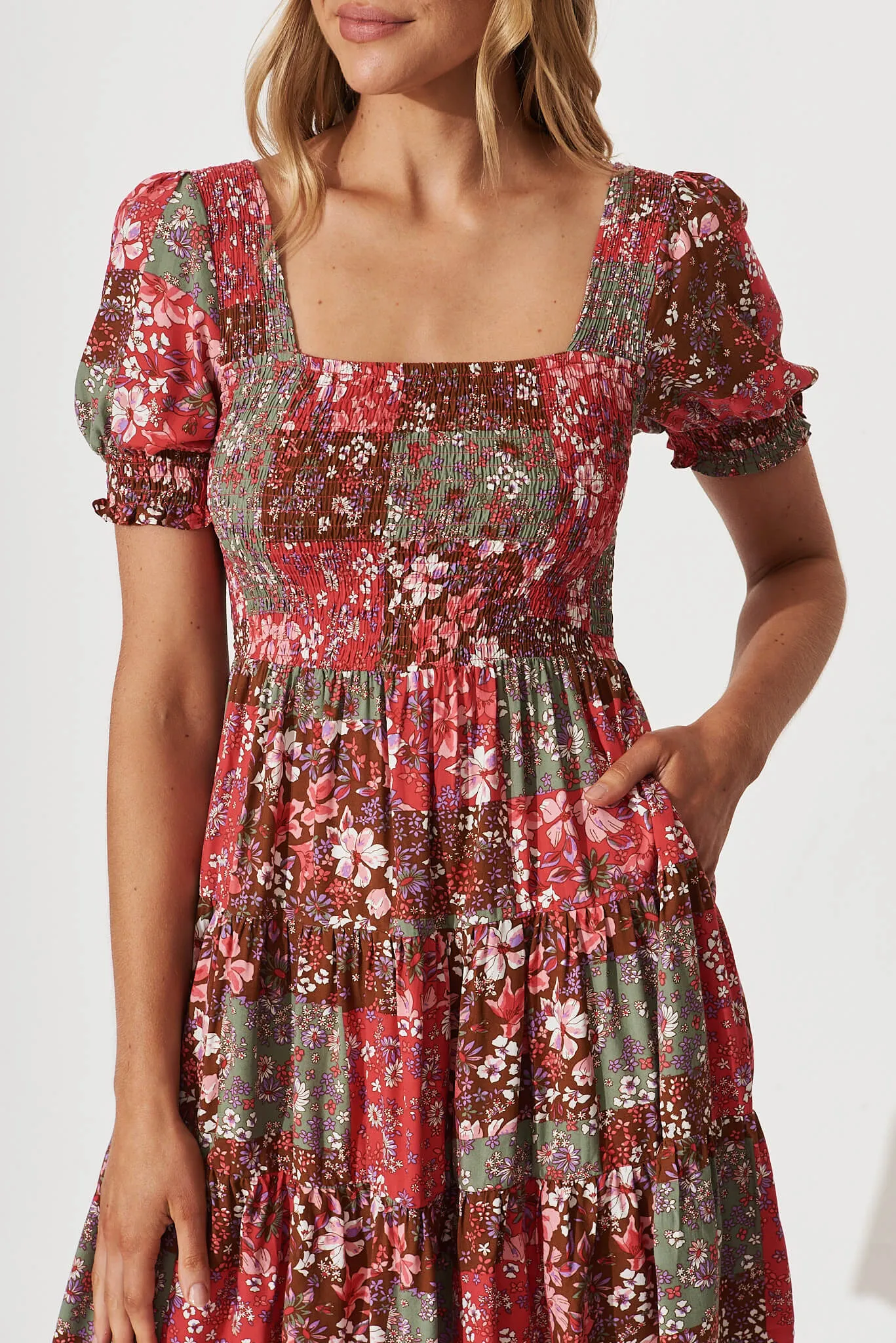 Sevilla Dress In Red Multi Patchwork Floral