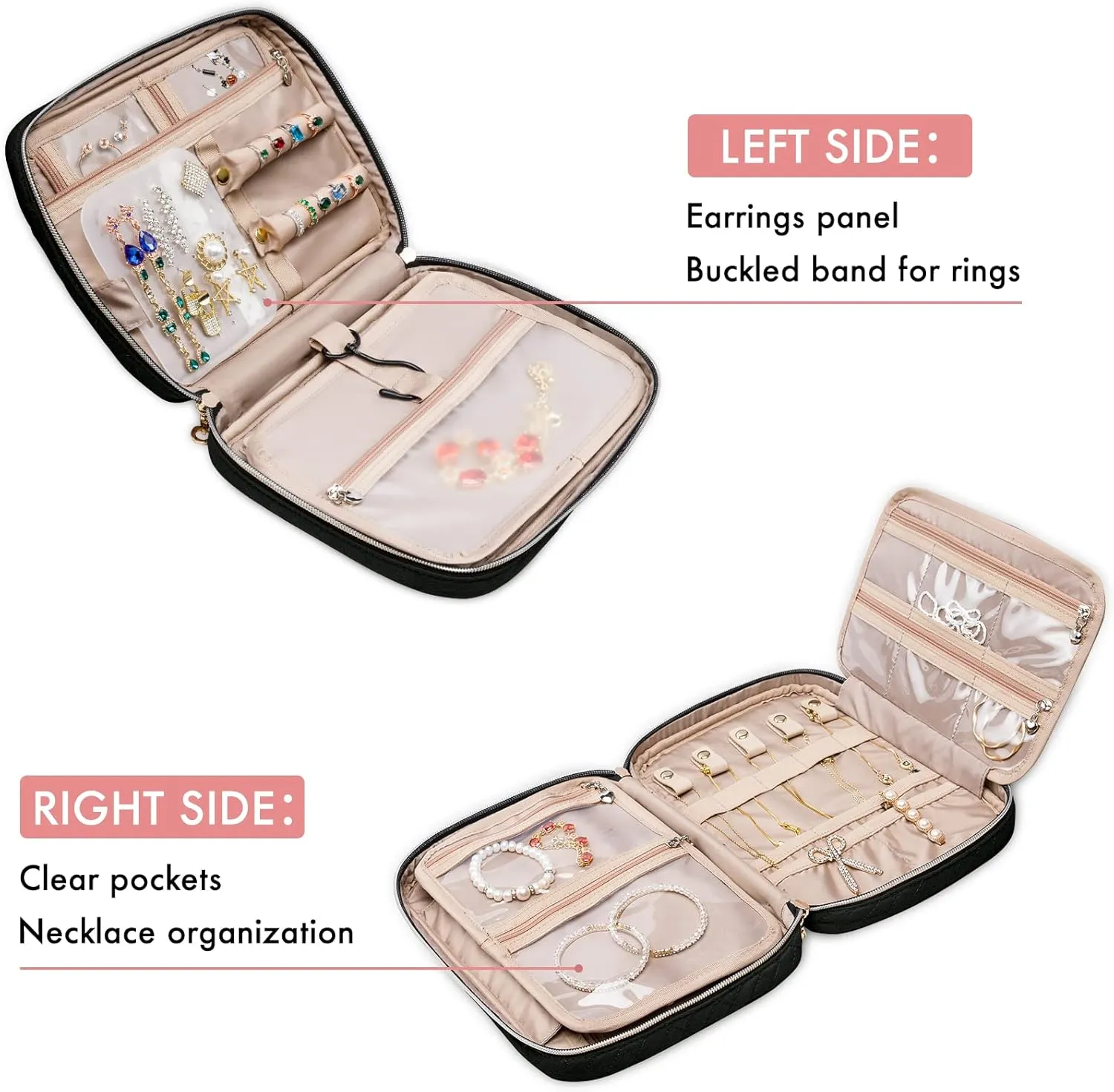 SFYBYHEART Travel Jewelry Organizer Case, Jewelry Travel Bags for Women, Large Capacity Travel Jewelry Case for Tangle-Free Earrings, Necklaces, Rings Storage, Travel Accessories, Black