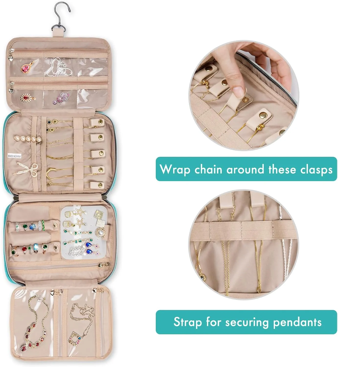 SFYBYHEART Travel Jewelry Organizer Case, Jewelry Travel Bags for Women, Large Capacity Travel Jewelry Case for Tangle-Free Earrings, Necklaces, Rings Storage, Travel Accessories,Teal
