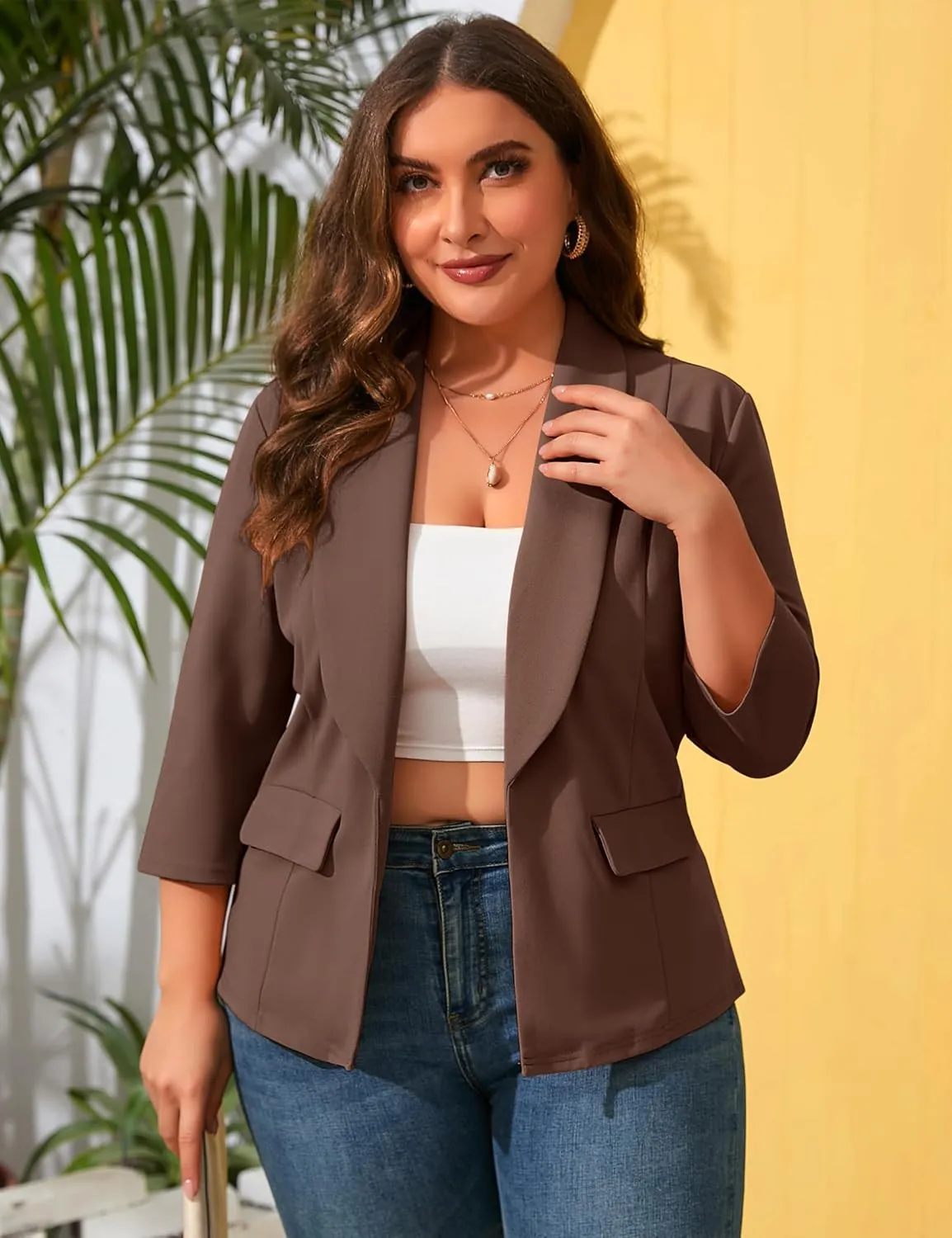 ShopWonder Womens Plus Size Casual Pocketed Blazer Office Open Front 3/4 Sleeve Cardigans Jacket Work Suit
