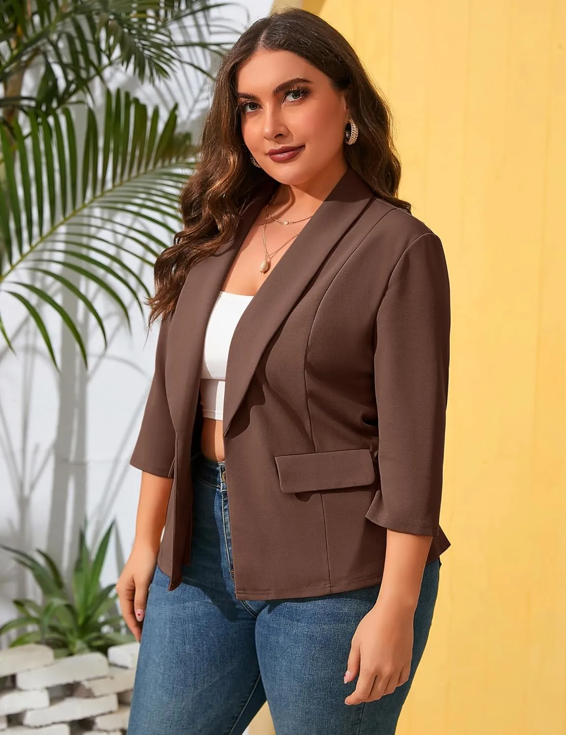 ShopWonder Womens Plus Size Casual Pocketed Blazer Office Open Front 3/4 Sleeve Cardigans Jacket Work Suit