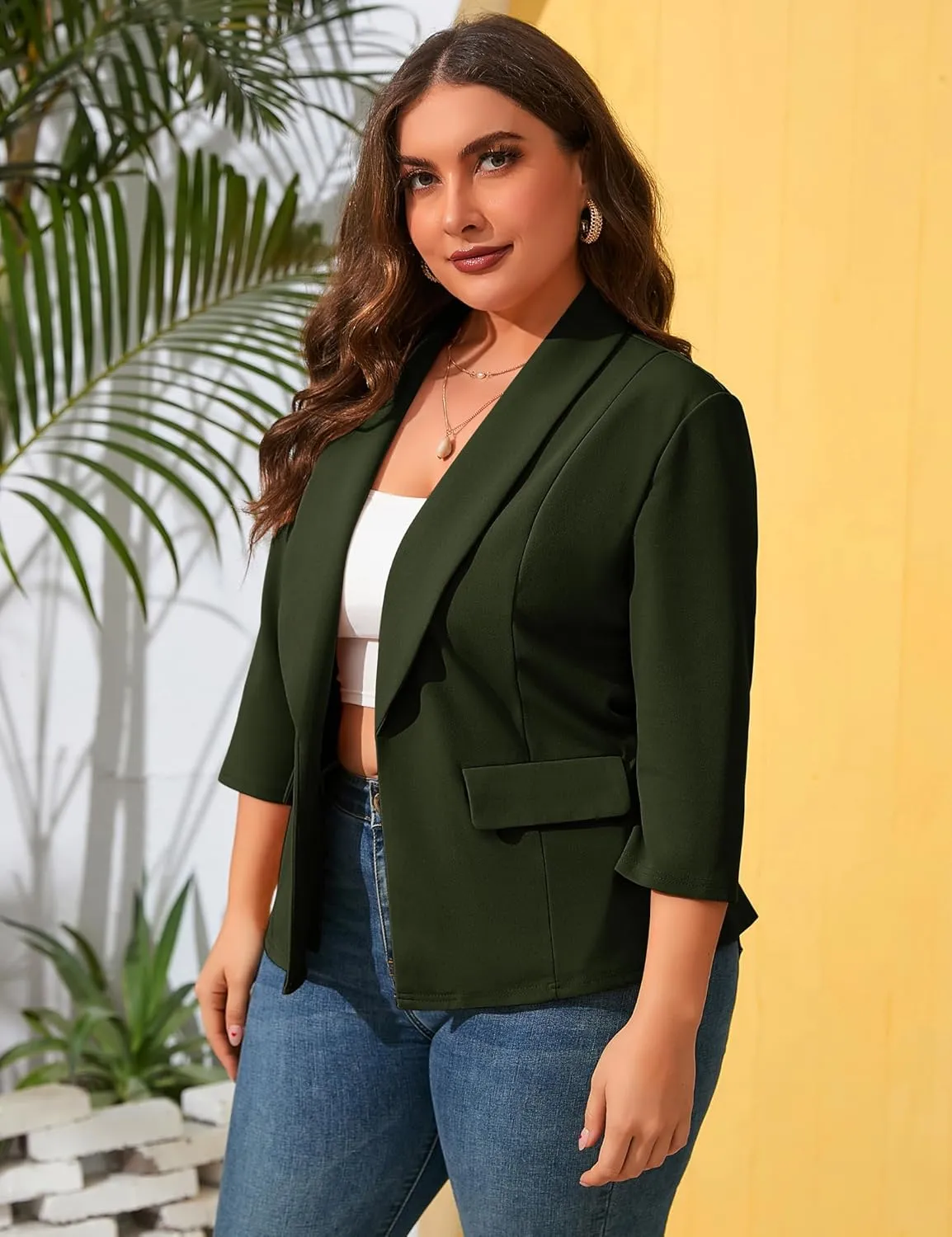 ShopWonder Womens Plus Size Casual Pocketed Blazer Office Open Front 3/4 Sleeve Cardigans Jacket Work Suit