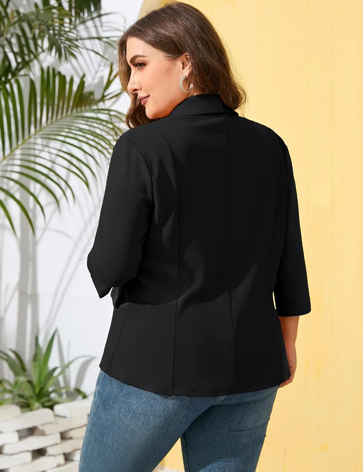 ShopWonder Womens Plus Size Casual Pocketed Blazer Office Open Front 3/4 Sleeve Cardigans Jacket Work Suit
