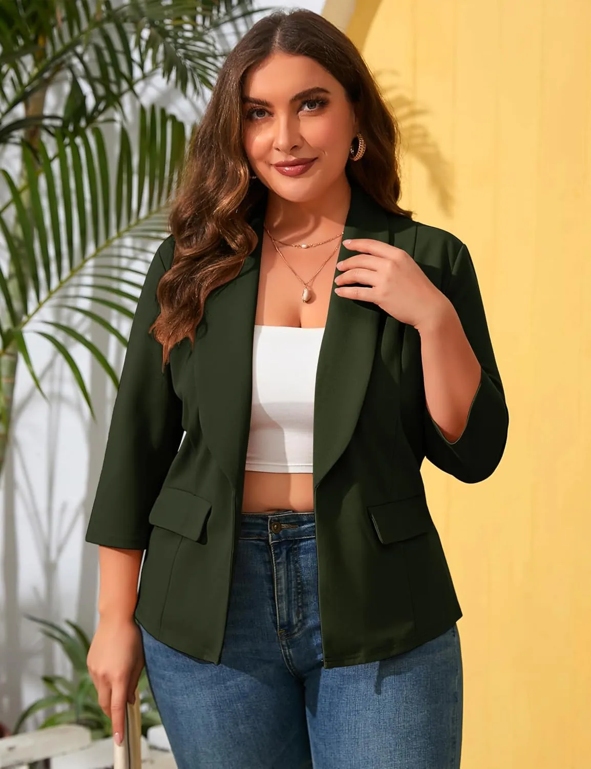 ShopWonder Womens Plus Size Casual Pocketed Blazer Office Open Front 3/4 Sleeve Cardigans Jacket Work Suit