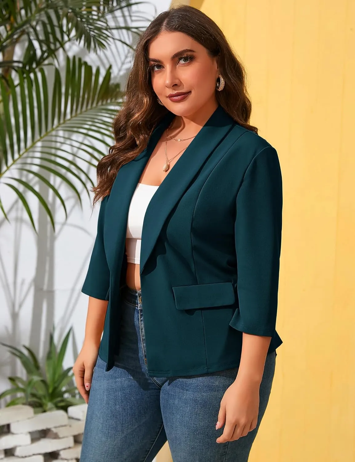 ShopWonder Womens Plus Size Casual Pocketed Blazer Office Open Front 3/4 Sleeve Cardigans Jacket Work Suit