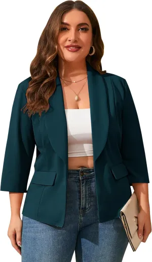 ShopWonder Womens Plus Size Casual Pocketed Blazer Office Open Front 3/4 Sleeve Cardigans Jacket Work Suit