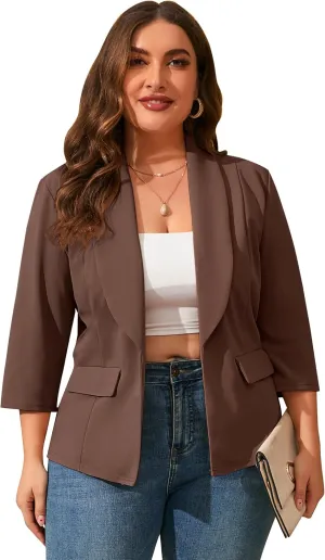 ShopWonder Womens Plus Size Casual Pocketed Blazer Office Open Front 3/4 Sleeve Cardigans Jacket Work Suit