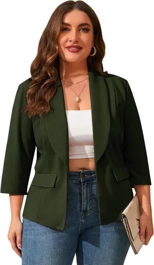 ShopWonder Womens Plus Size Casual Pocketed Blazer Office Open Front 3/4 Sleeve Cardigans Jacket Work Suit