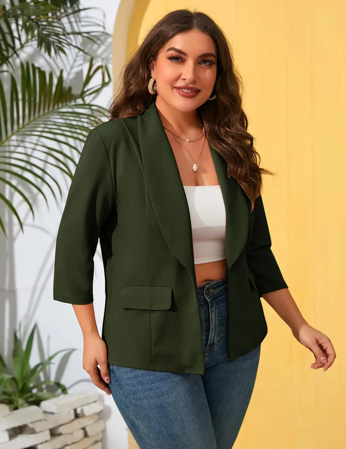 ShopWonder Womens Plus Size Casual Pocketed Blazer Office Open Front 3/4 Sleeve Cardigans Jacket Work Suit