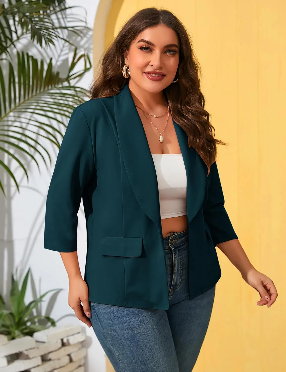 ShopWonder Womens Plus Size Casual Pocketed Blazer Office Open Front 3/4 Sleeve Cardigans Jacket Work Suit
