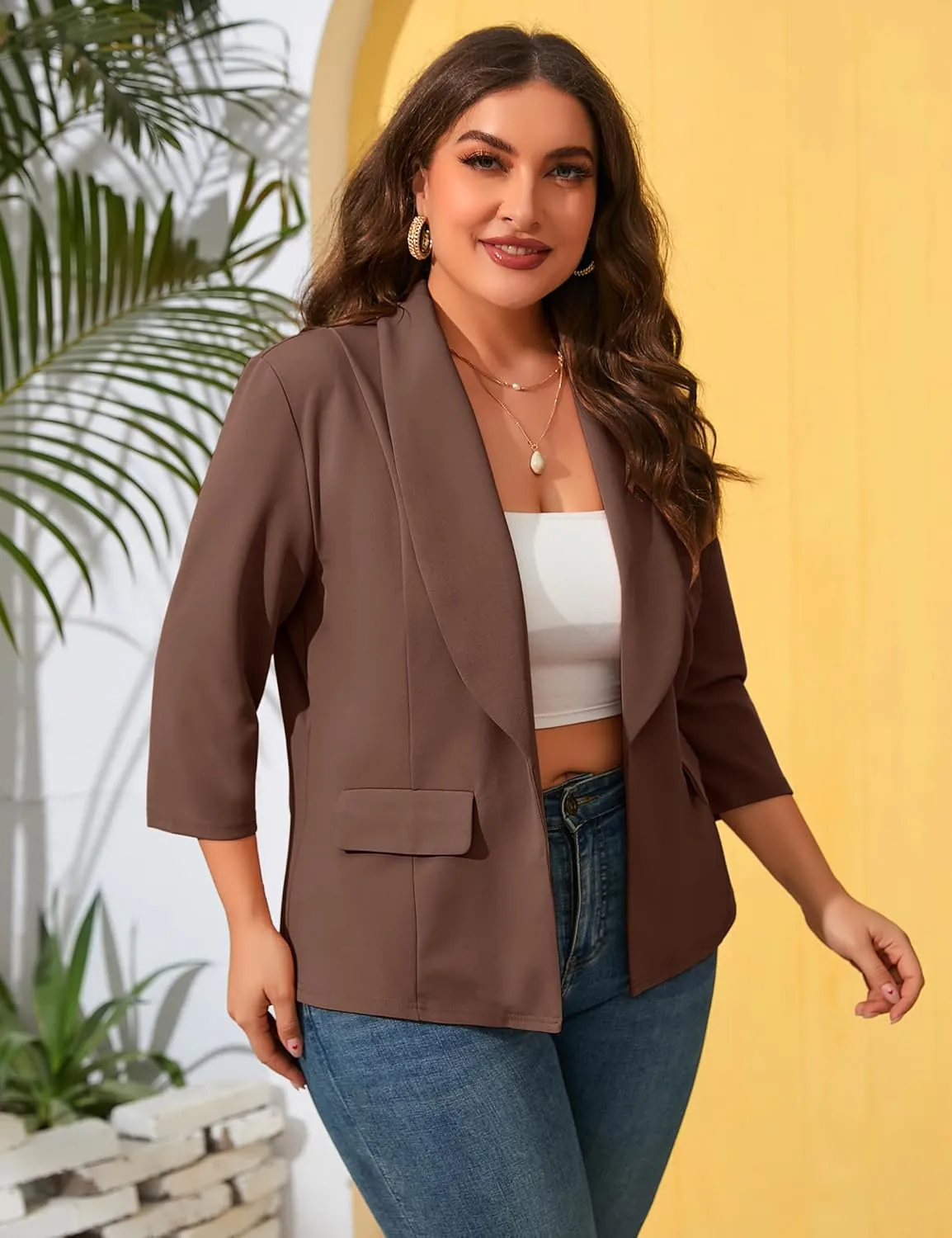 ShopWonder Womens Plus Size Casual Pocketed Blazer Office Open Front 3/4 Sleeve Cardigans Jacket Work Suit