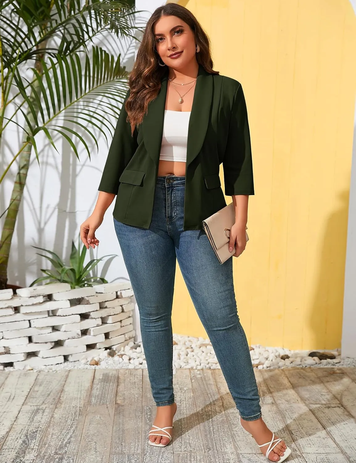 ShopWonder Womens Plus Size Casual Pocketed Blazer Office Open Front 3/4 Sleeve Cardigans Jacket Work Suit