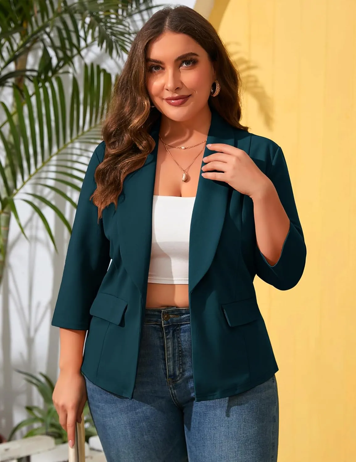 ShopWonder Womens Plus Size Casual Pocketed Blazer Office Open Front 3/4 Sleeve Cardigans Jacket Work Suit