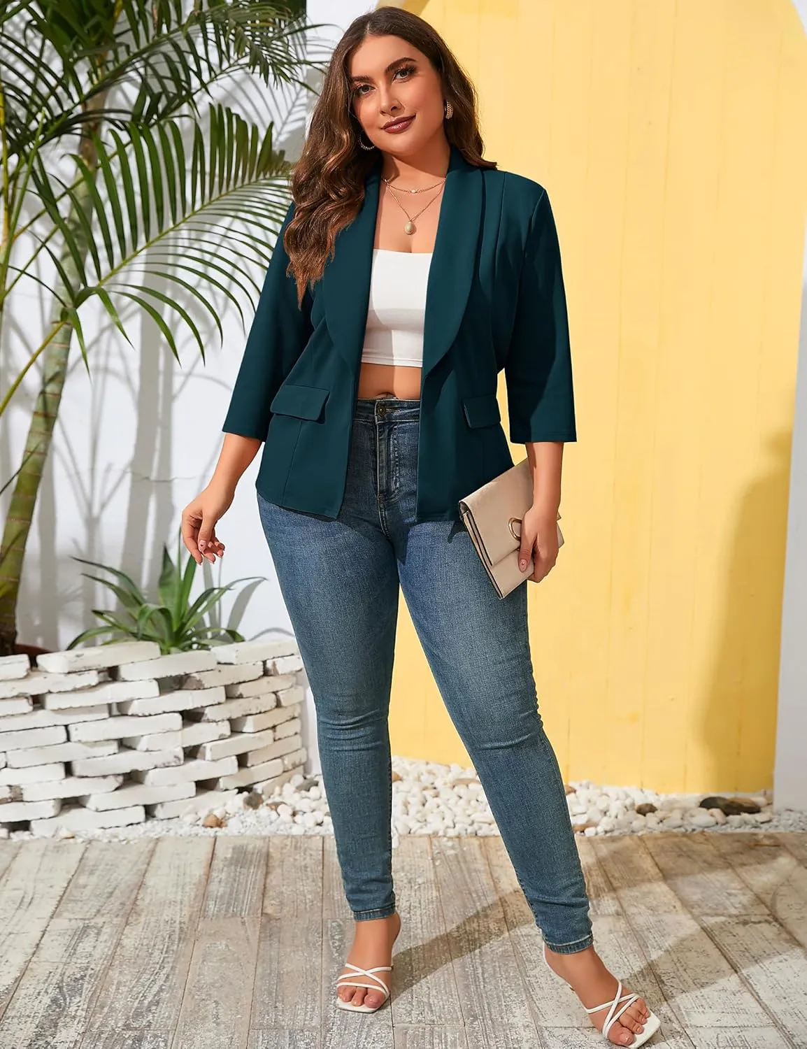 ShopWonder Womens Plus Size Casual Pocketed Blazer Office Open Front 3/4 Sleeve Cardigans Jacket Work Suit
