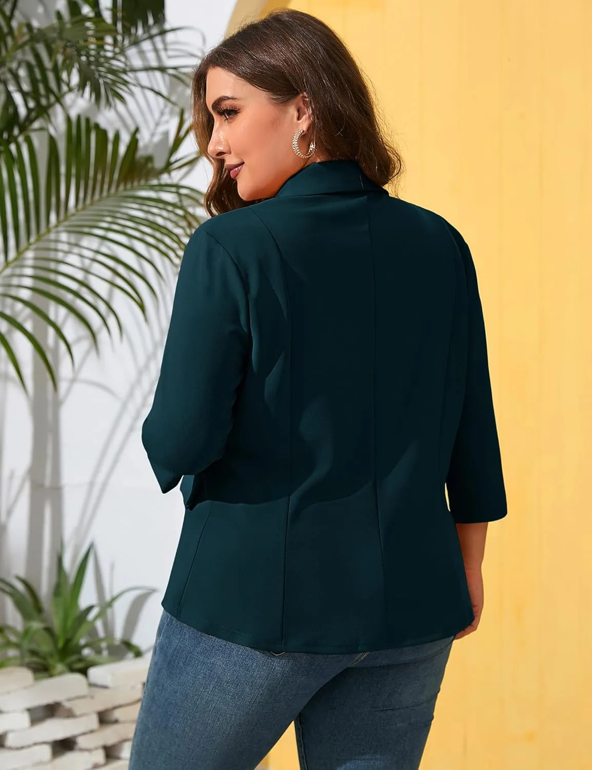 ShopWonder Womens Plus Size Casual Pocketed Blazer Office Open Front 3/4 Sleeve Cardigans Jacket Work Suit