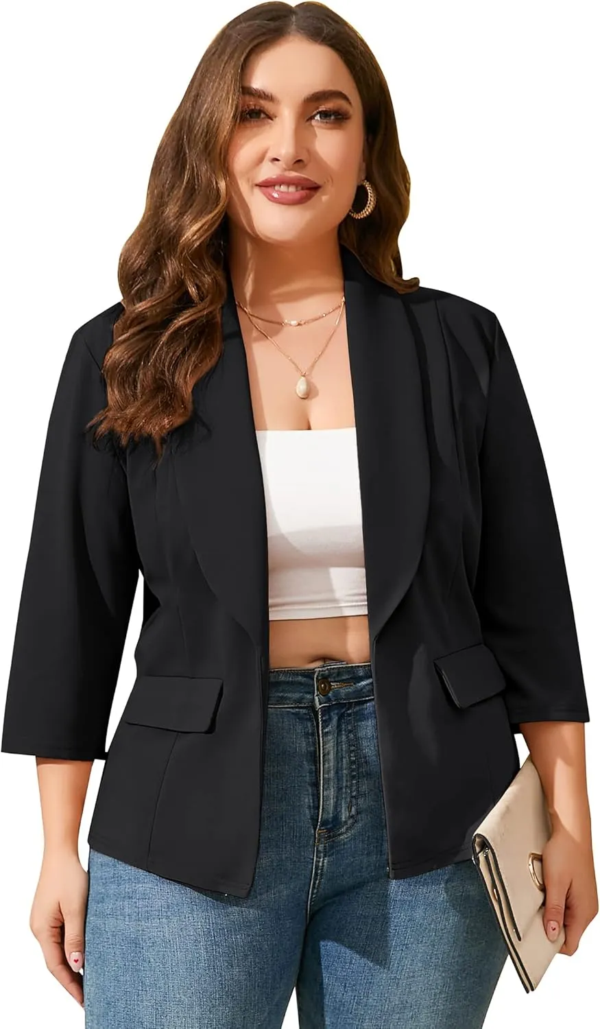 ShopWonder Womens Plus Size Casual Pocketed Blazer Office Open Front 3/4 Sleeve Cardigans Jacket Work Suit