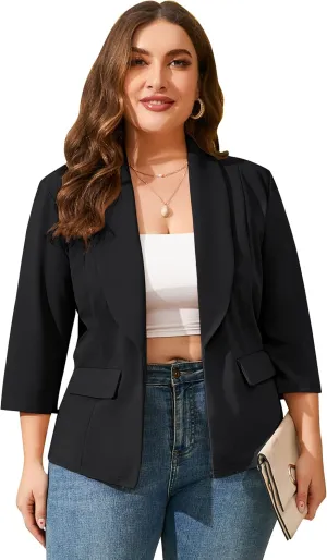 ShopWonder Womens Plus Size Casual Pocketed Blazer Office Open Front 3/4 Sleeve Cardigans Jacket Work Suit