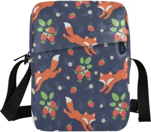 Sinestour Foxes Strawberries Messenger Bag for Women Men Crossbody Shoulder Bag Cell Phone Shoulder Bag Shoulder Handbag with Adjustable Strap for Travel Workout