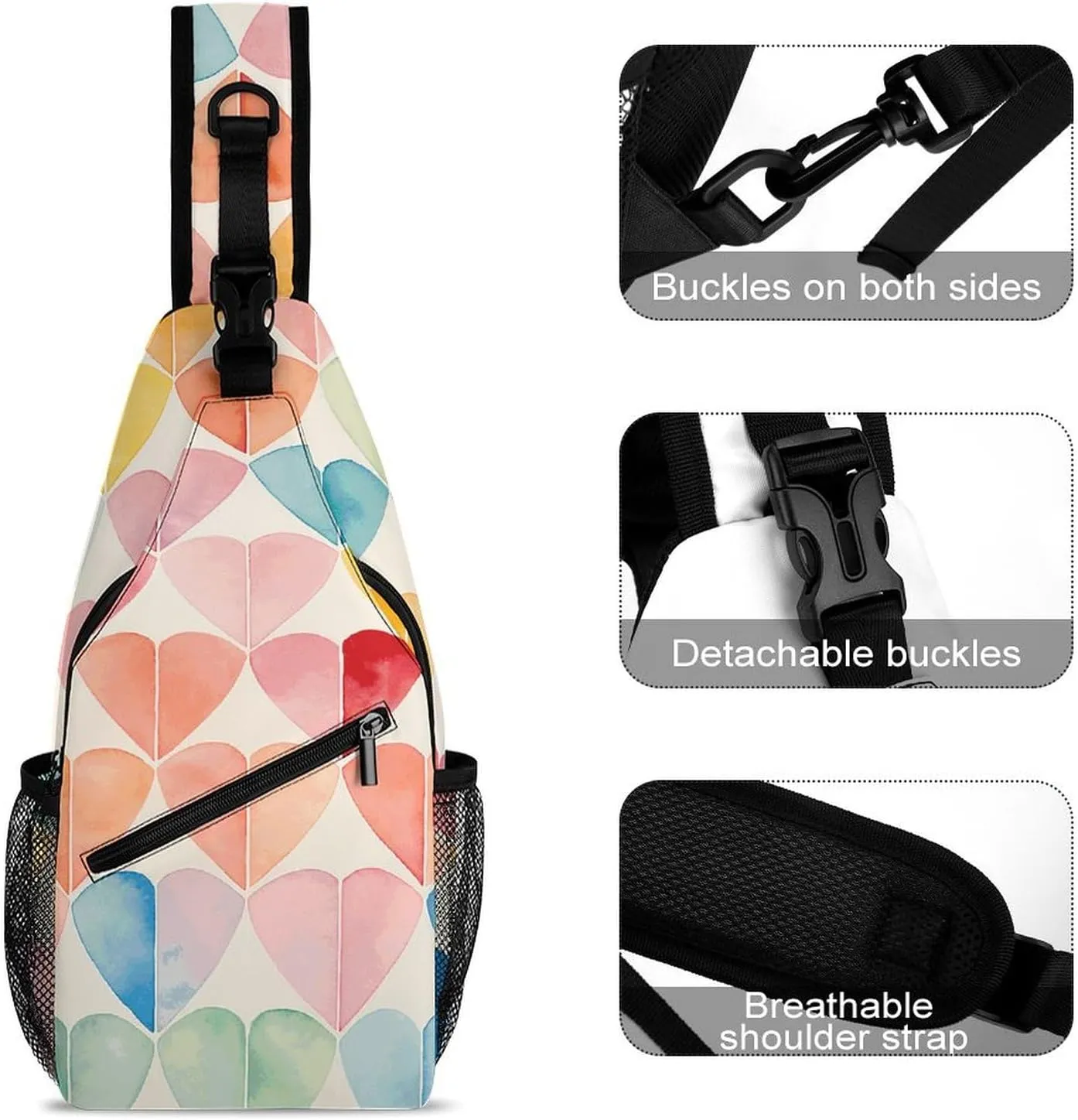 Sling Backpack Crossbody for Man Woman Colorful Collage Hearts Cross Body Adjustable Chest Bag