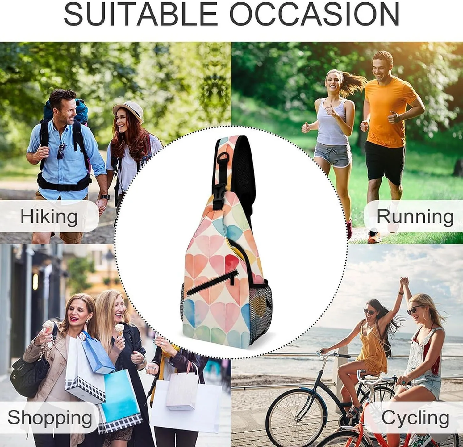 Sling Backpack Crossbody for Man Woman Colorful Collage Hearts Cross Body Adjustable Chest Bag
