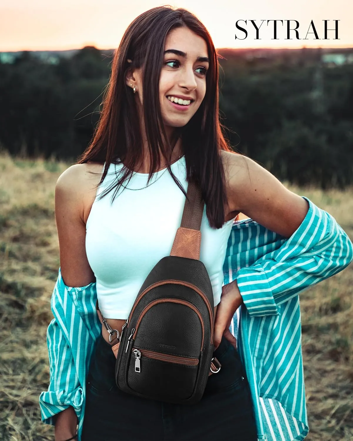 Sling Bag for Women, Crossbody Bags Purse for Women Trendy Vegan Leather Chest Bag with Adjustable Guitar Strap