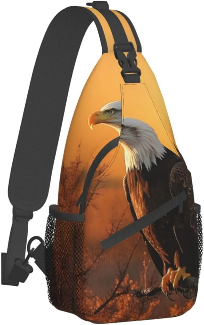 Sling Bag for Women Men Crossbody Bag Small Sling Backpack Golden Sunset Bald Eagle Chest Bag Hiking Daypack