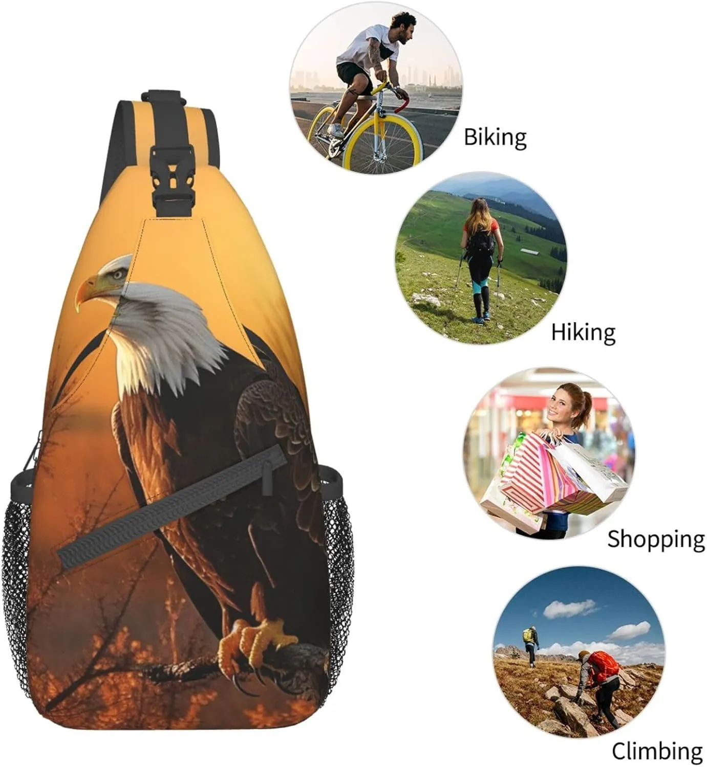 Sling Bag for Women Men Crossbody Bag Small Sling Backpack Golden Sunset Bald Eagle Chest Bag Hiking Daypack