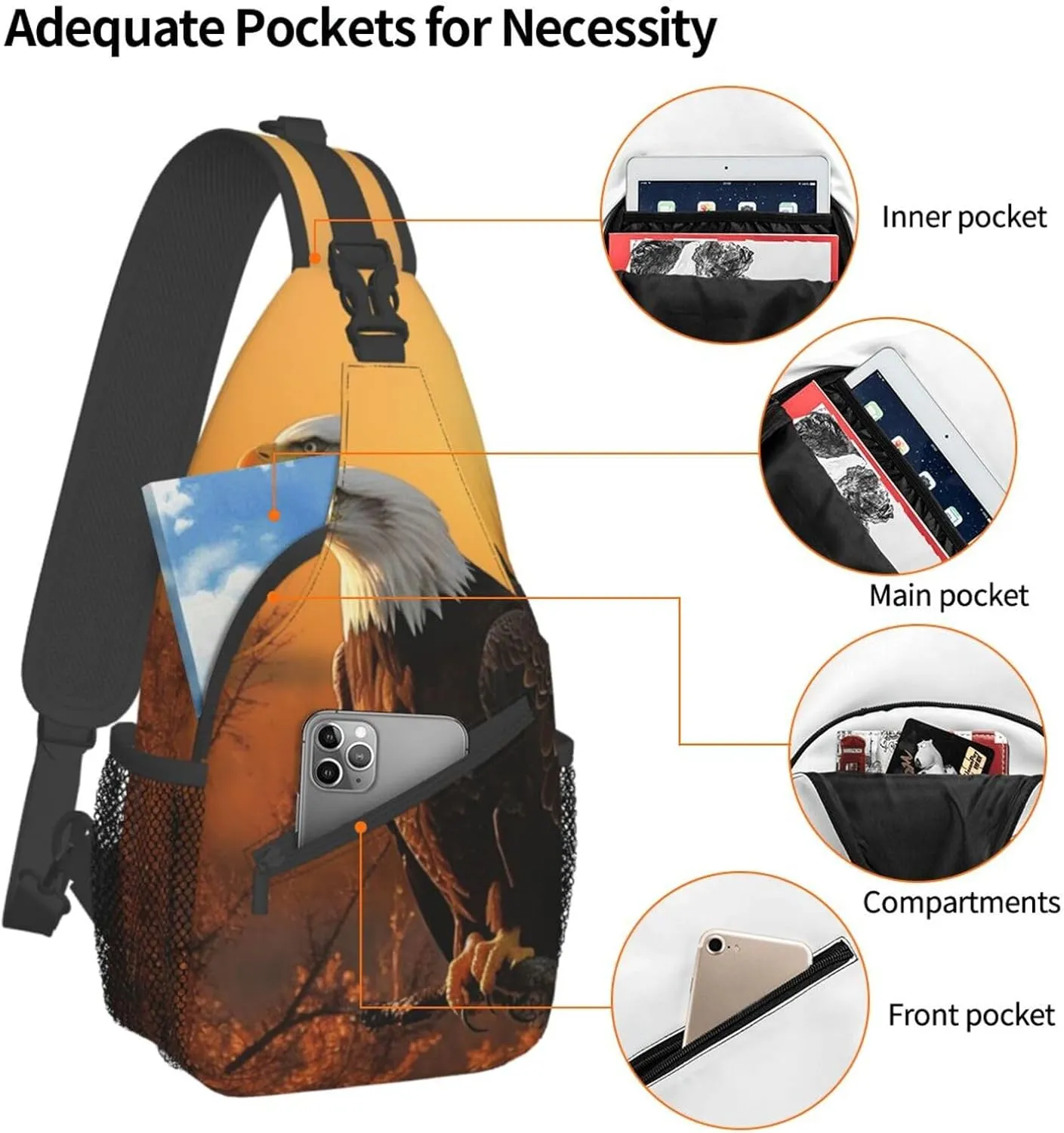 Sling Bag for Women Men Crossbody Bag Small Sling Backpack Golden Sunset Bald Eagle Chest Bag Hiking Daypack