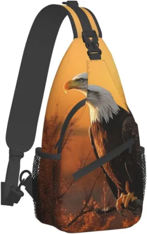 Sling Bag for Women Men Crossbody Bag Small Sling Backpack Golden Sunset Bald Eagle Chest Bag Hiking Daypack