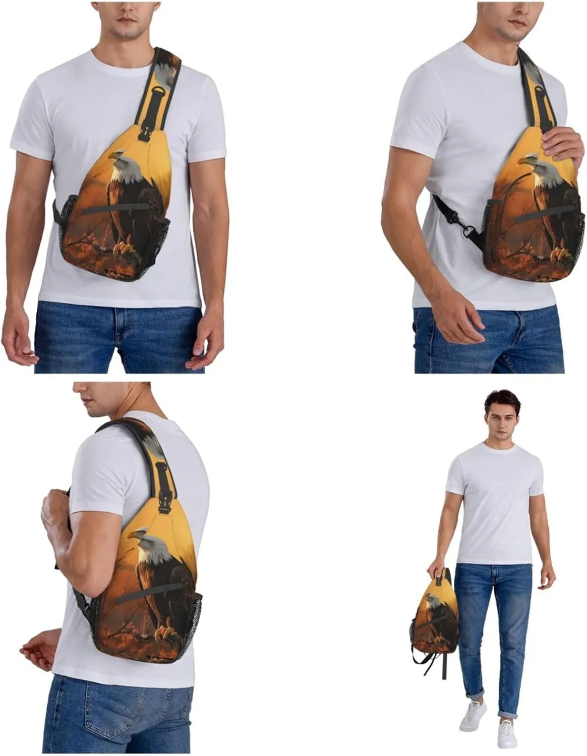 Sling Bag for Women Men Crossbody Bag Small Sling Backpack Golden Sunset Bald Eagle Chest Bag Hiking Daypack