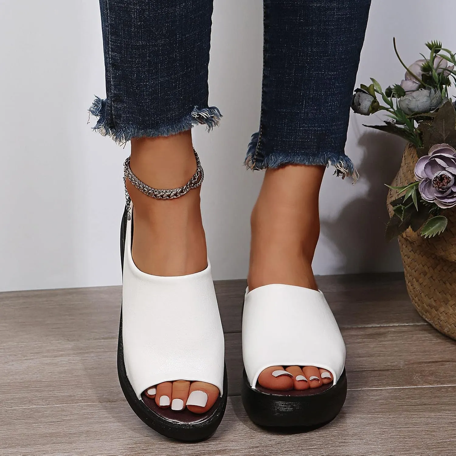 Slip on Sandals for Women Dressy Summer Casual Fish Mouth Open Toe Platform Wedge Slippers Comfortable Outdoor Ladies Thick Soled Shoes Slides