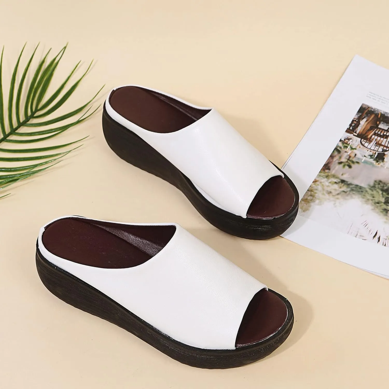 Slip on Sandals for Women Dressy Summer Casual Fish Mouth Open Toe Platform Wedge Slippers Comfortable Outdoor Ladies Thick Soled Shoes Slides