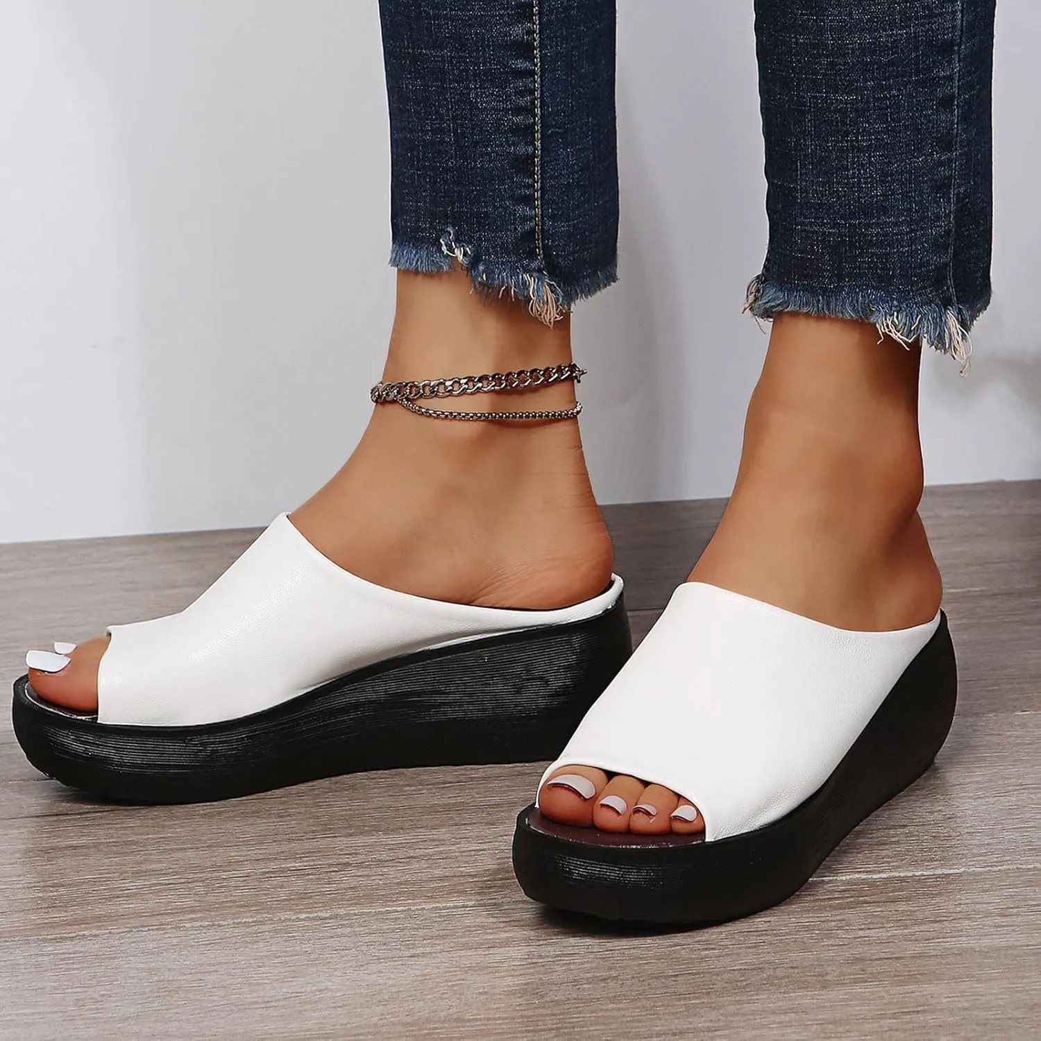 Slip on Sandals for Women Dressy Summer Casual Fish Mouth Open Toe Platform Wedge Slippers Comfortable Outdoor Ladies Thick Soled Shoes Slides