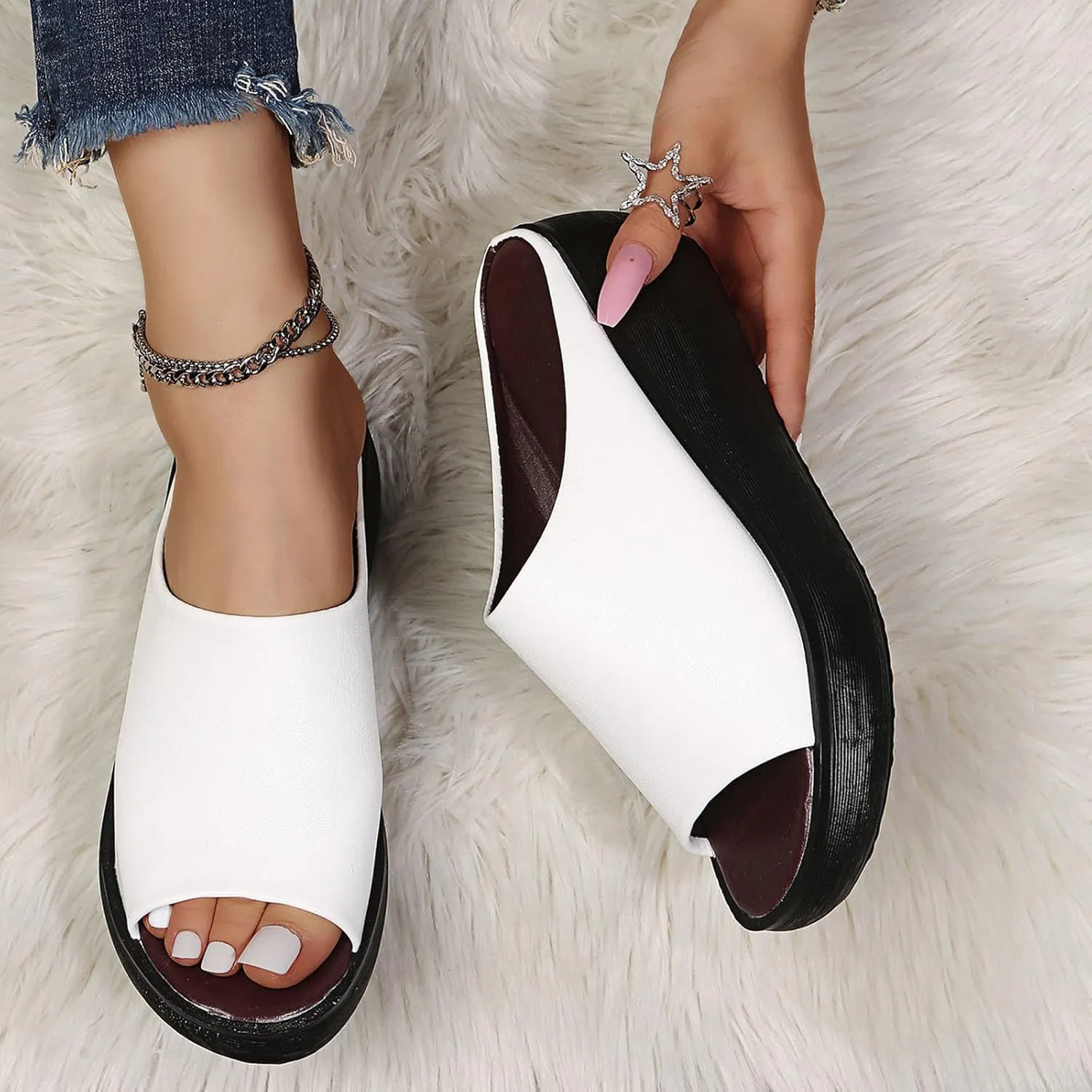 Slip on Sandals for Women Dressy Summer Casual Fish Mouth Open Toe Platform Wedge Slippers Comfortable Outdoor Ladies Thick Soled Shoes Slides