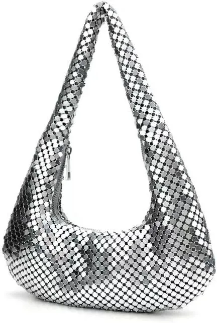 Small Womens Metallic Evening Bag Cute Hobo Handbag Fashion Y2k Shiny Moon-shaped Shoulder Purse