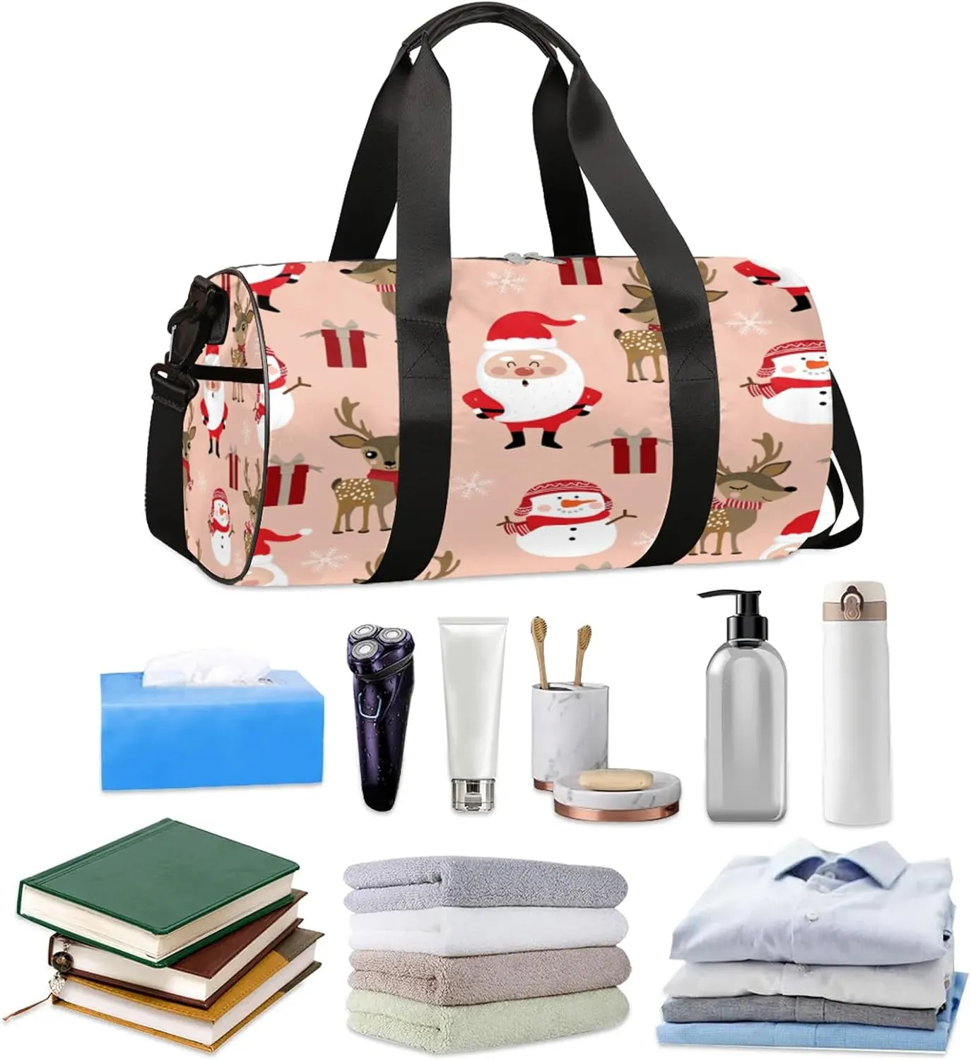 Snowman Deer Santa Claus Sports Gym Bag for Men Women Lightweight Travel Duffle Bag with Shoulder Strap Waterproof Carry On Weekender Overnight Bag for Travel Sports Gym