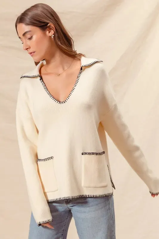 SO ME Contrast Blanket Stitch Sweater