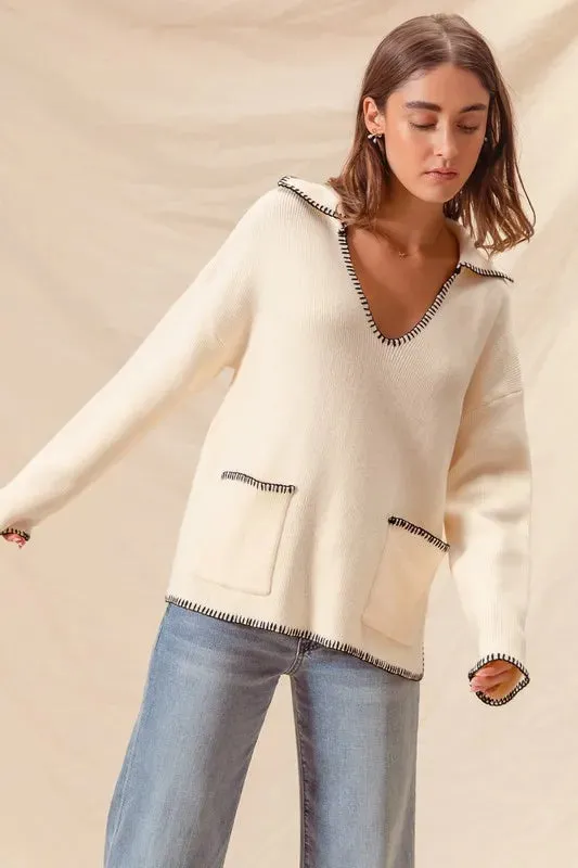 SO ME Contrast Blanket Stitch Sweater