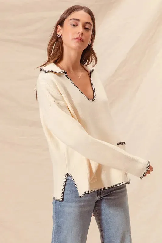 SO ME Contrast Blanket Stitch Sweater