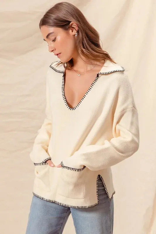SO ME Contrast Blanket Stitch Sweater