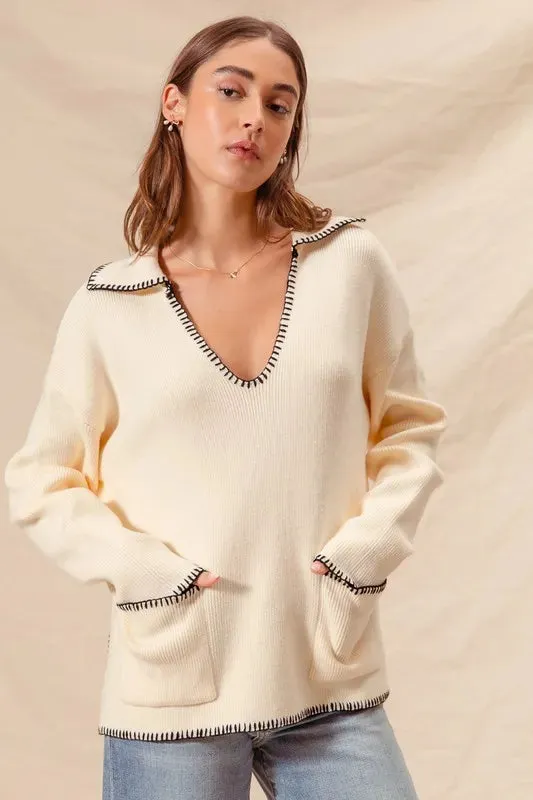 SO ME Contrast Blanket Stitch Sweater