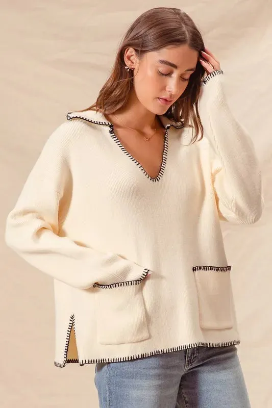 SO ME Contrast Blanket Stitch Sweater