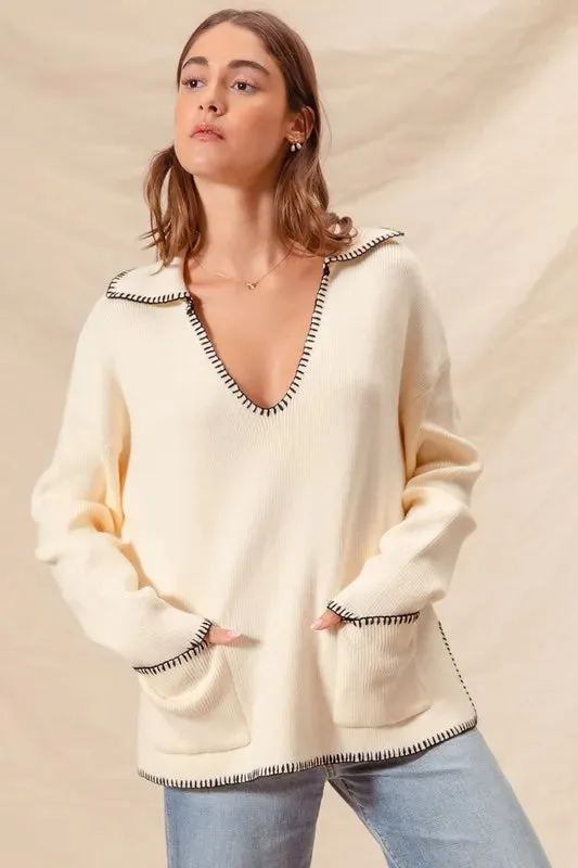 SO ME Contrast Blanket Stitch Sweater