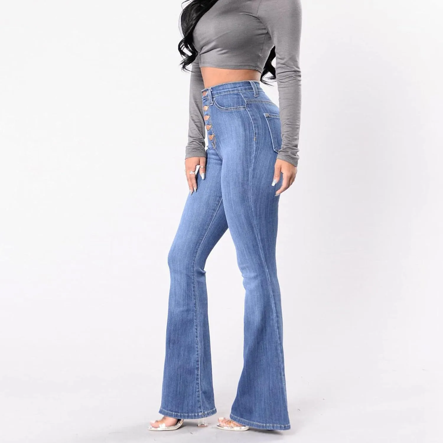 Soluo Women's Butt Lifting Flare Jeans Stretchy High Rise Bell Bottom Bootcut Jean Shaping Pull-on Button Push Up Denim Pants