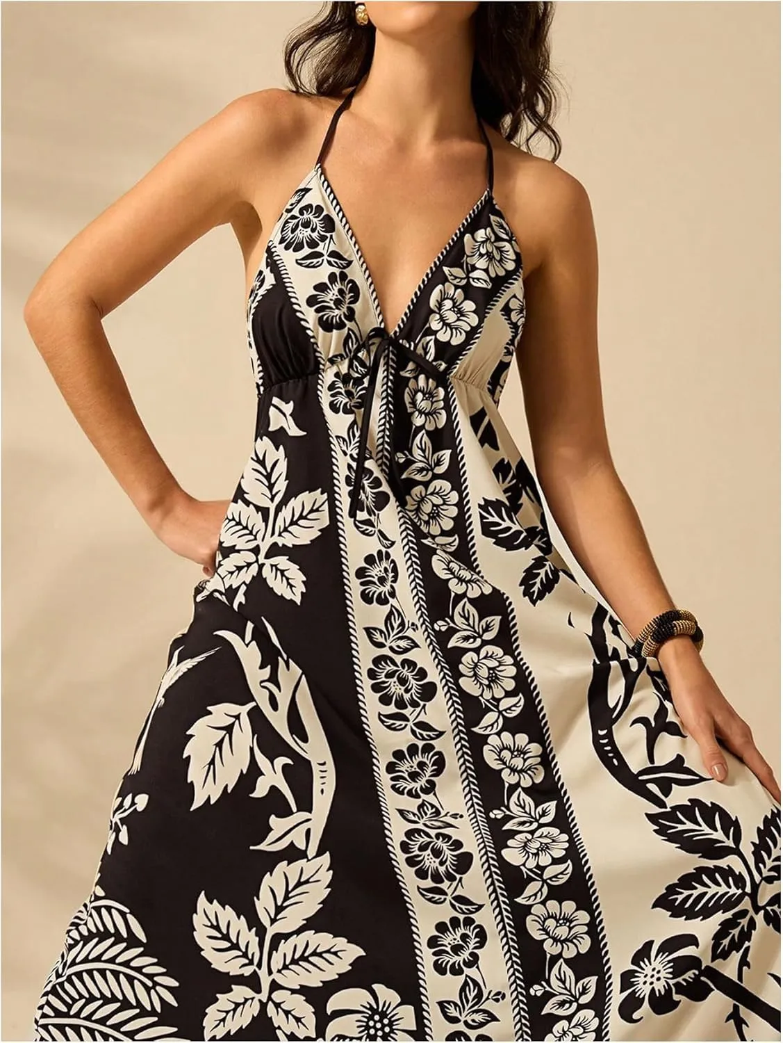 SOLY HUX Women's Boho Floral Print Maxi Dress Halter Backless Flowy Long Vacation Beach Summer Dresses