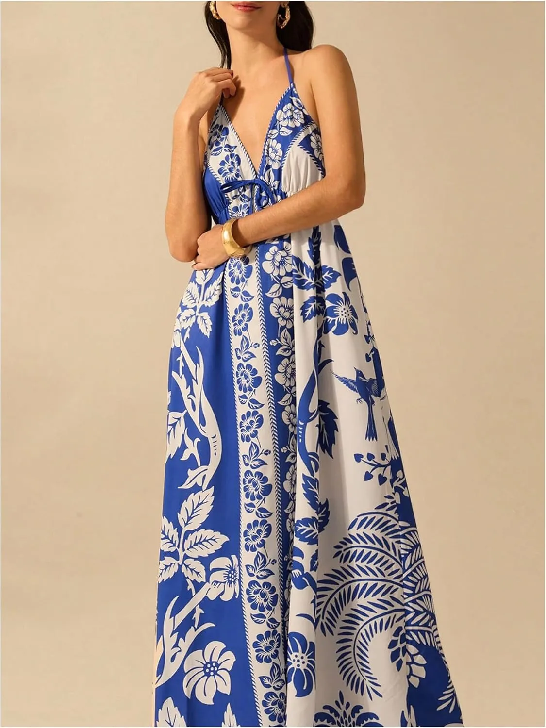 SOLY HUX Women's Boho Floral Print Maxi Dress Halter Backless Flowy Long Vacation Beach Summer Dresses